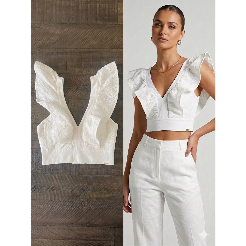 DEEP White Lace Flutter Sleeve Crop Top - Size Small -Romantic Boho V-Neck